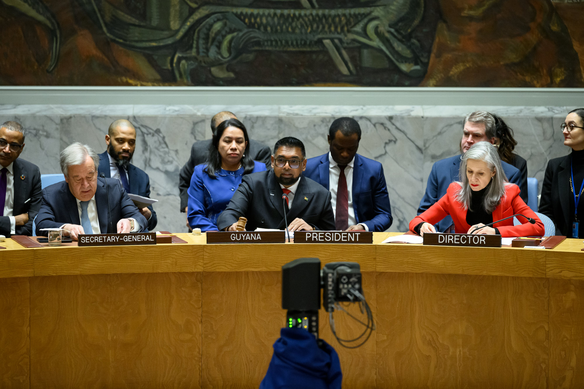 Mohamed Irfaan Ali (centre), President of the Co-operative Republic of Guyana, speaks at the Security Council meeting on climate change and food insecurity.