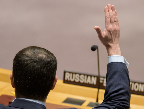 A view of Dmitry A. Polyanskiy, Deputy Permanent Representative of the Russian Federation to the United Nations, signalling abstention.