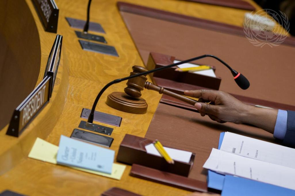 A detailed view as Pedro Comissário Afonso, Permanent Representative of the Republic of Mozambique to the United Nation and President of the Security Council for the month of March, chairs the Security Council meeting on the situation in Afghanistan