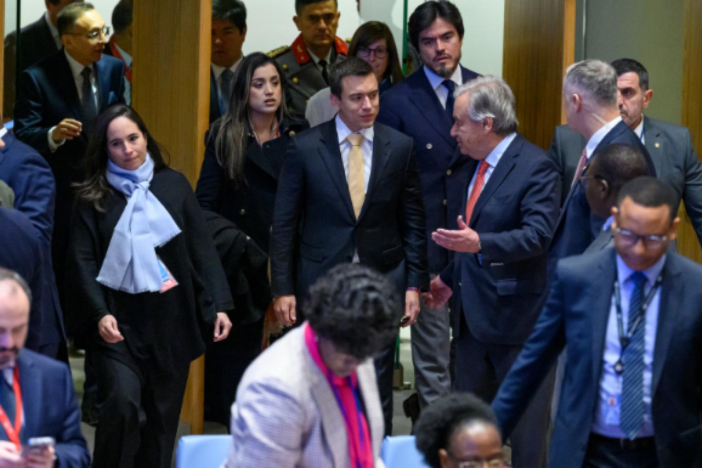 Secretary-General António Guterres arrives to the Security Council with Daniel Noboa Azin, Constitutional President of the Republic of Ecuador and President of the Security Council for the month of December. 