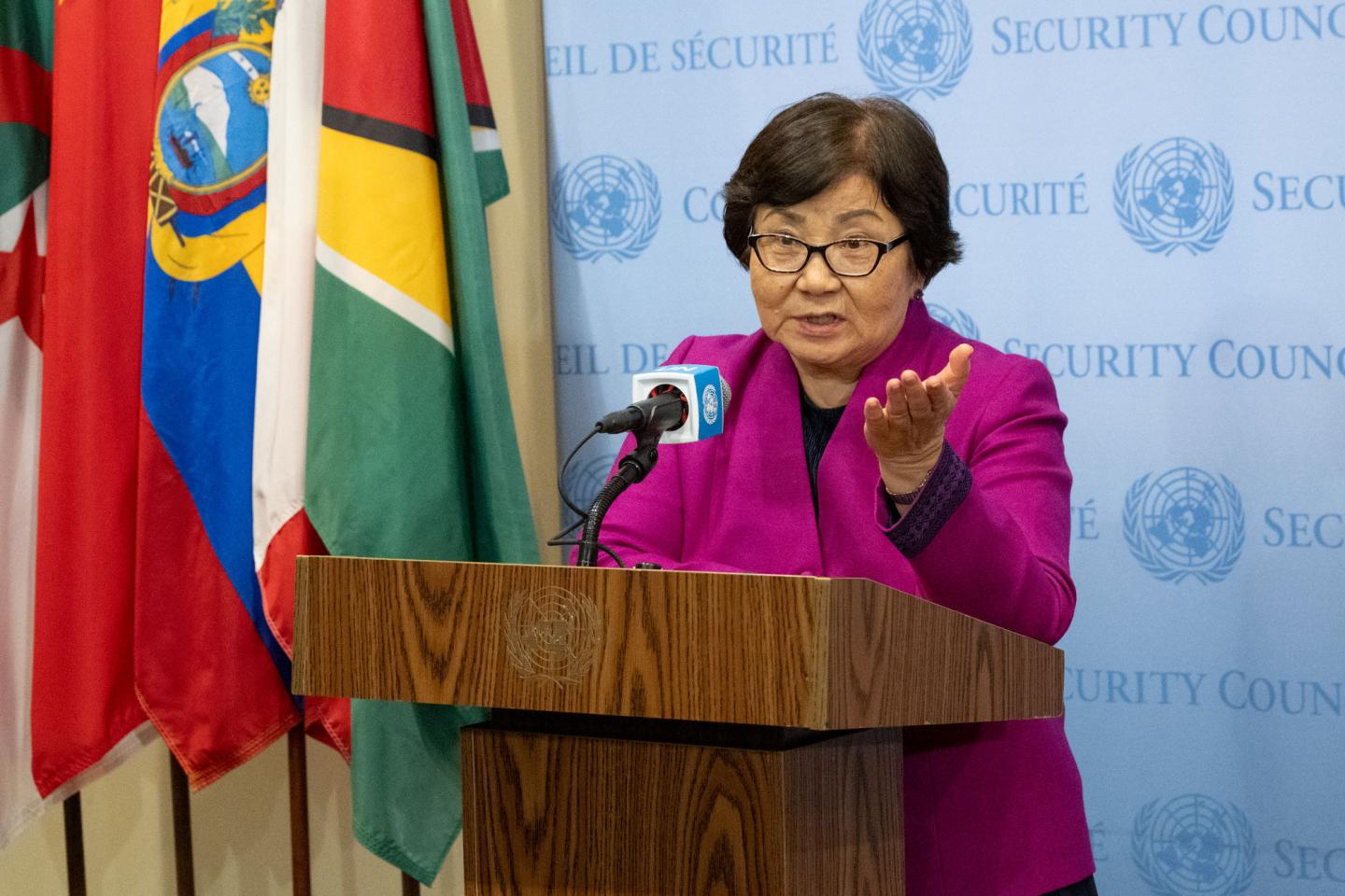 Roza Otunbayeva, stands at a podium and briefs reporters after the Security Council meeting on the situation in Afghanistan.